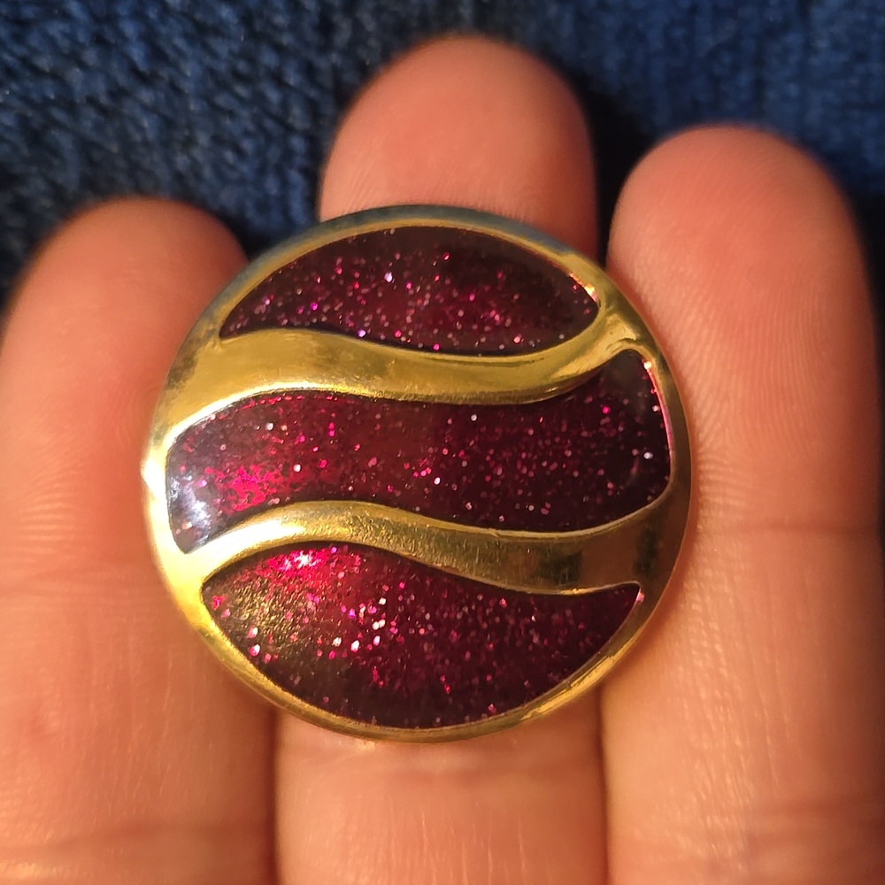 Vintage 80s Gold Tone Round W Magenta Pink Glitter Earrings💫 - Picture 3 of 4